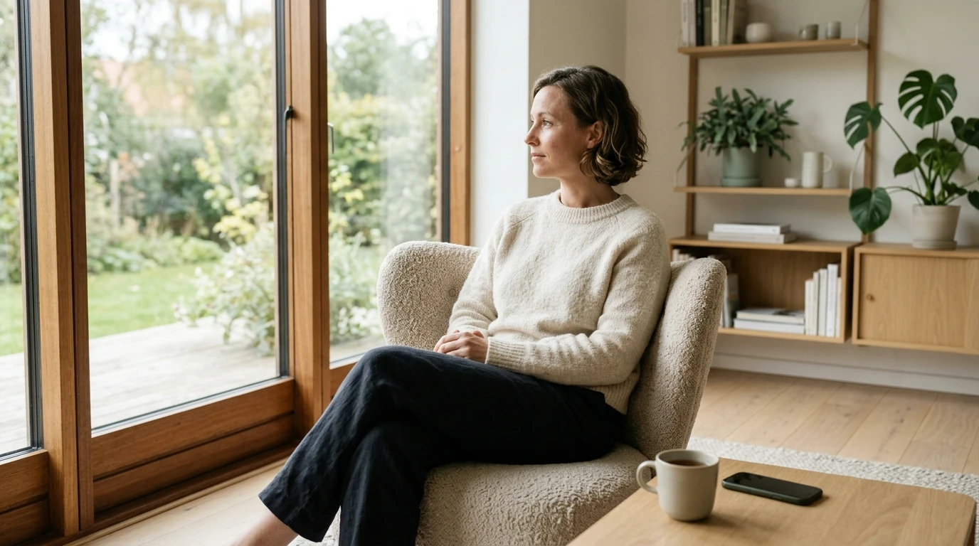 En person holder en rolig pause ved et vindue i et lyst skandinavisk hjem.