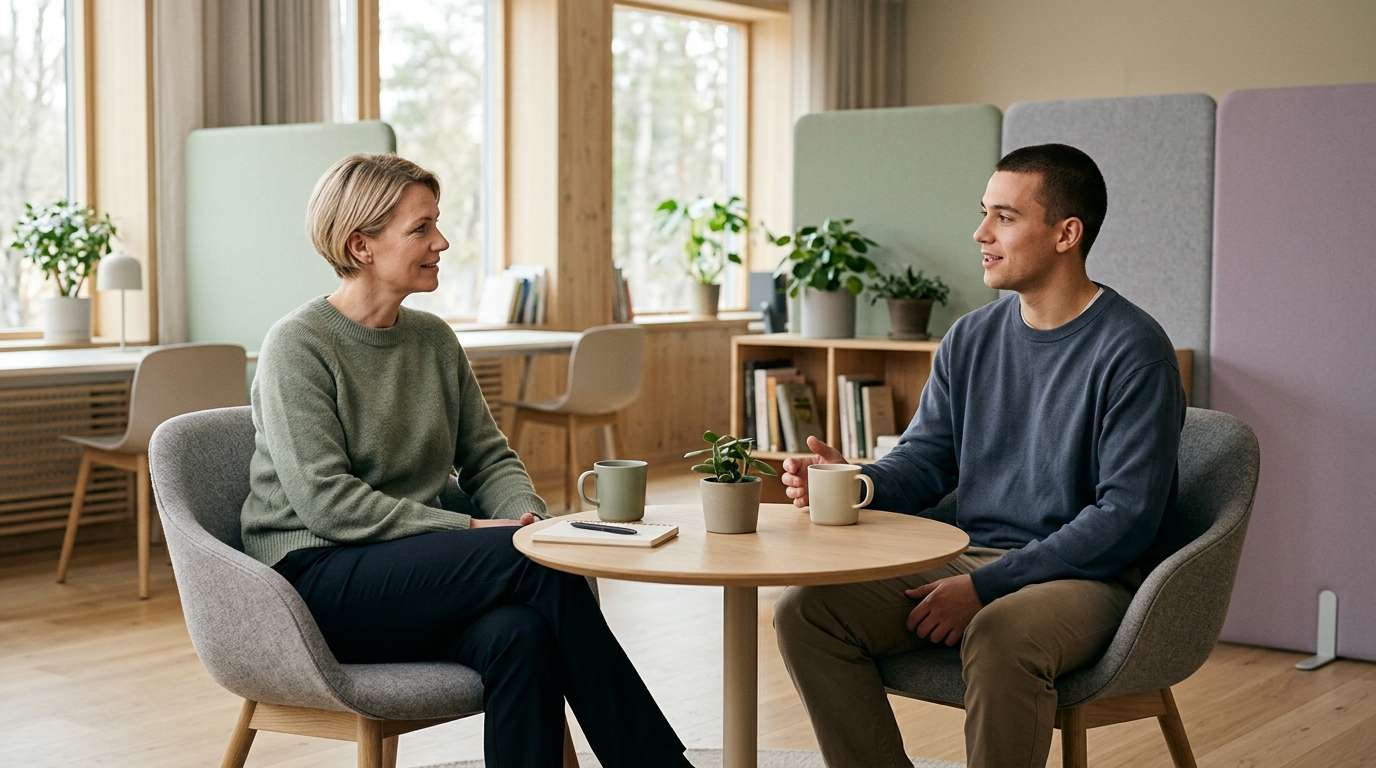 En leder lytter til en medarbejder i en rolig samtale på arbejdspladsen.